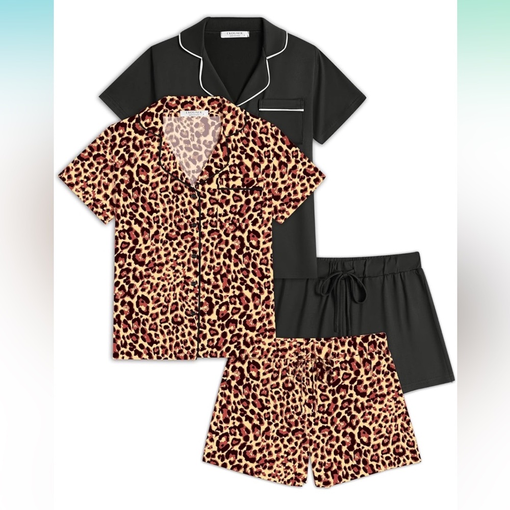 2 Women’s 2 Piece Pajama Set or Loungewear Leopard Print and Black Women's